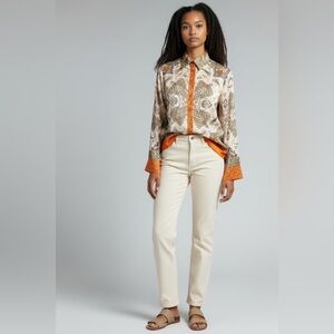 Rachel Zoe Paisley Silk-Feel Button Down Blouse Orange XS